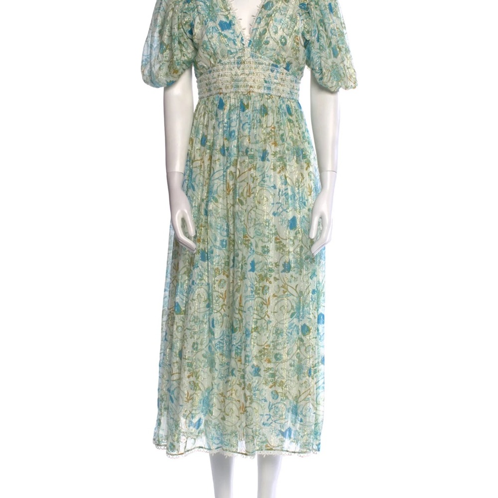 Rococo Sand Green and Blue Puff Sleeve Midi Dress